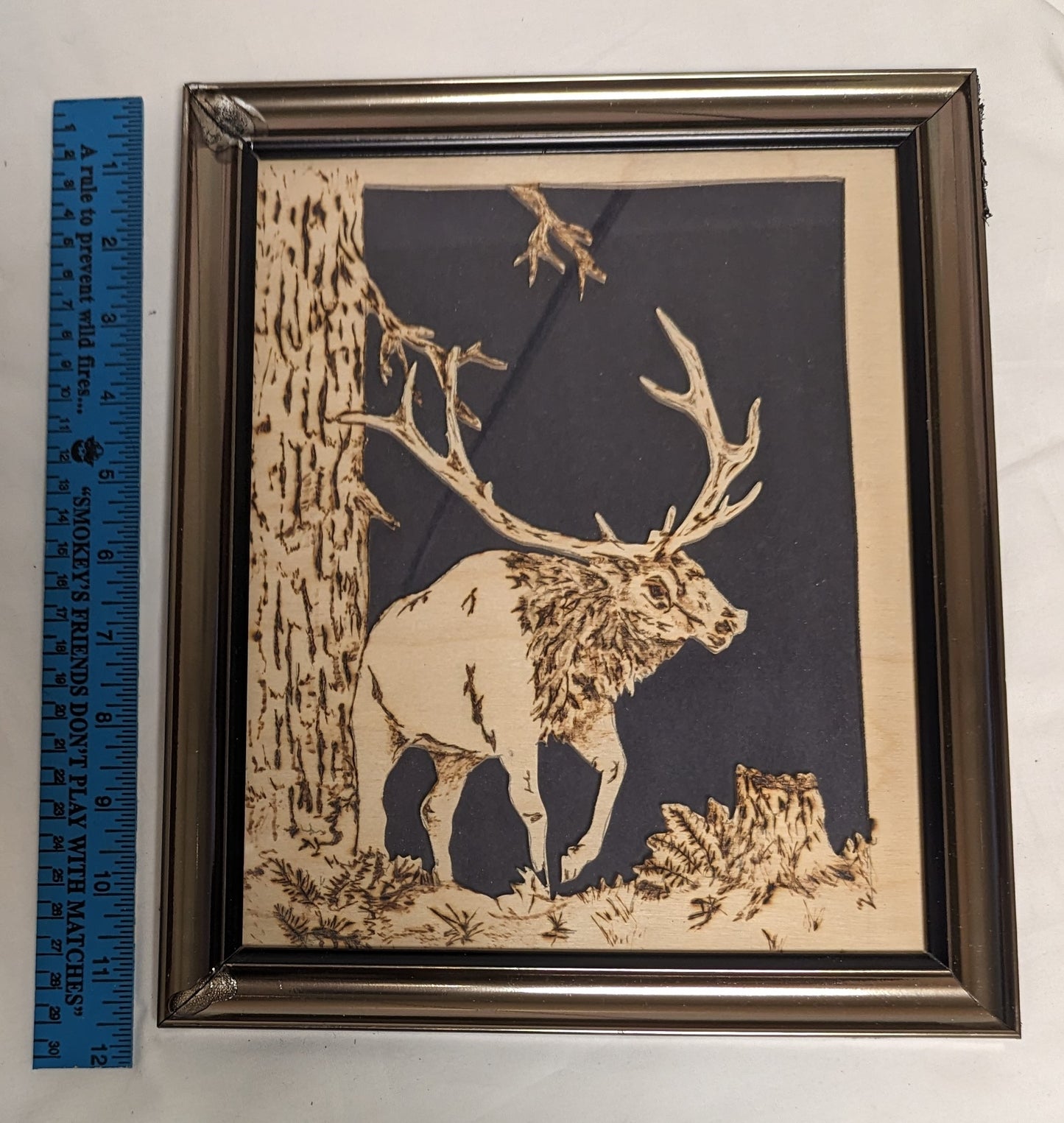 Art Vintage Hand Scroll Saw Cut Out and wood burned " Elk"   Framed