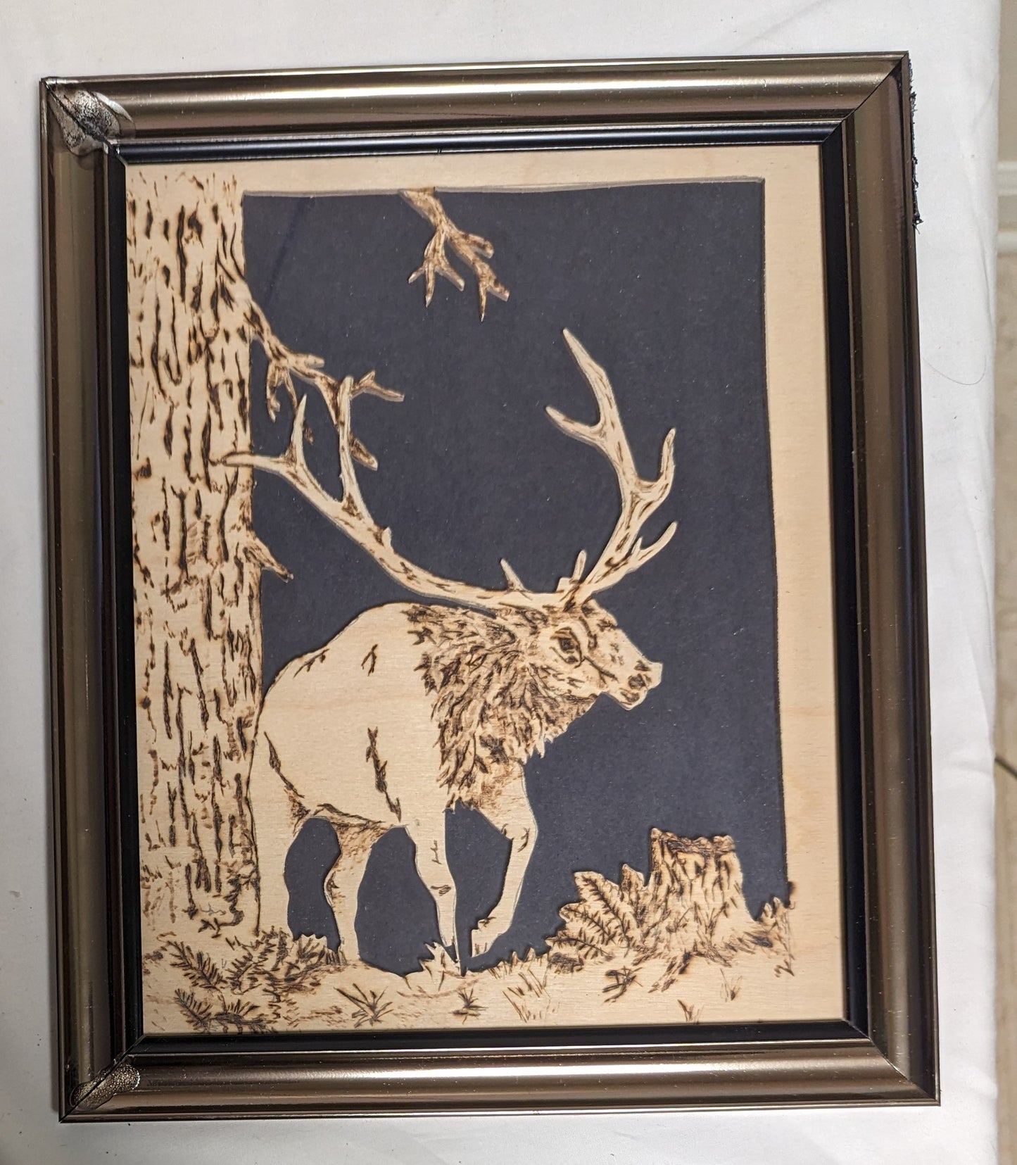 Art Vintage Hand Scroll Saw Cut Out and wood burned " Elk"   Framed