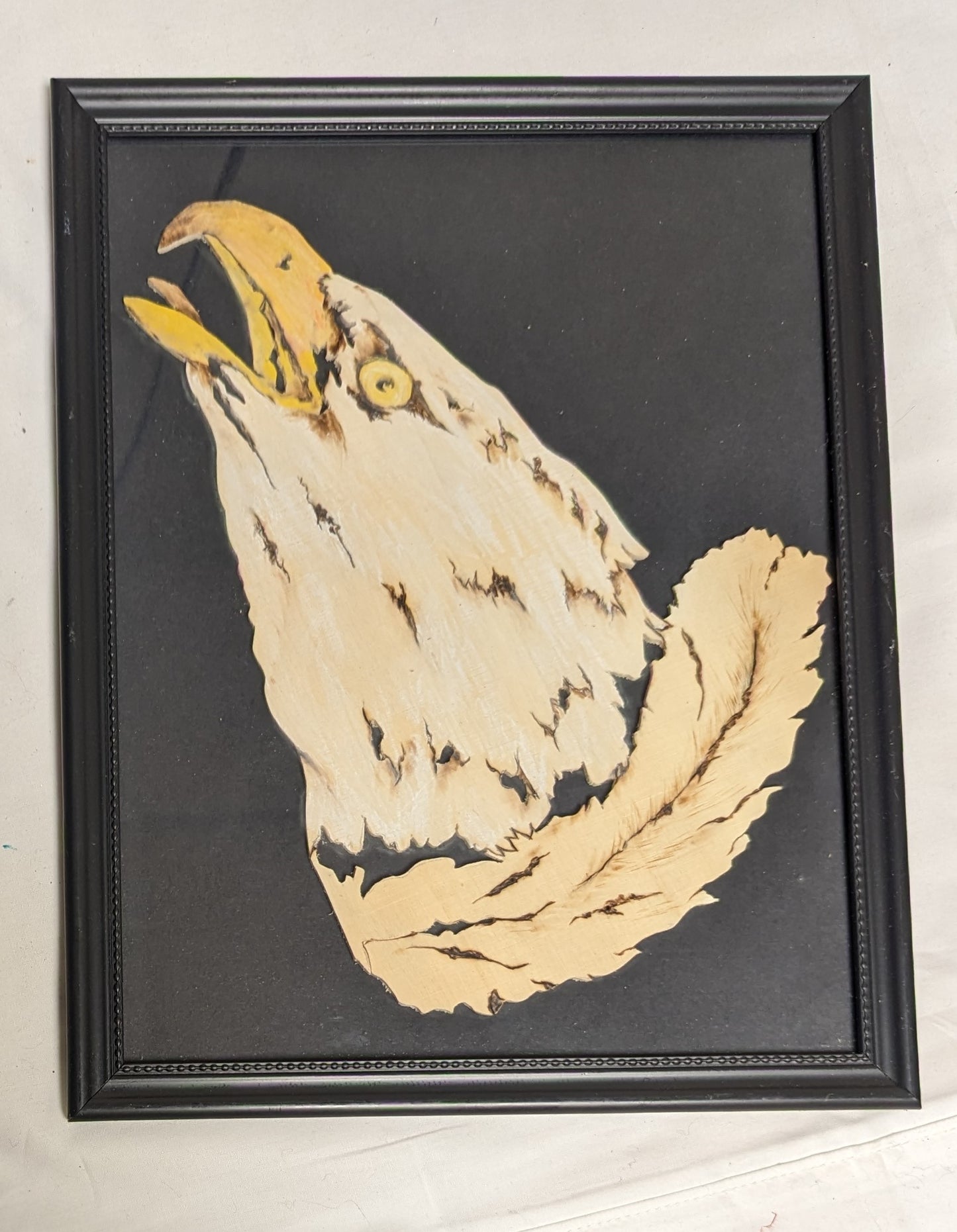 Art Vintage Hand Pyrography on Scroll cut wood " Bald Eagle Head and Feather Emblem"   Framed