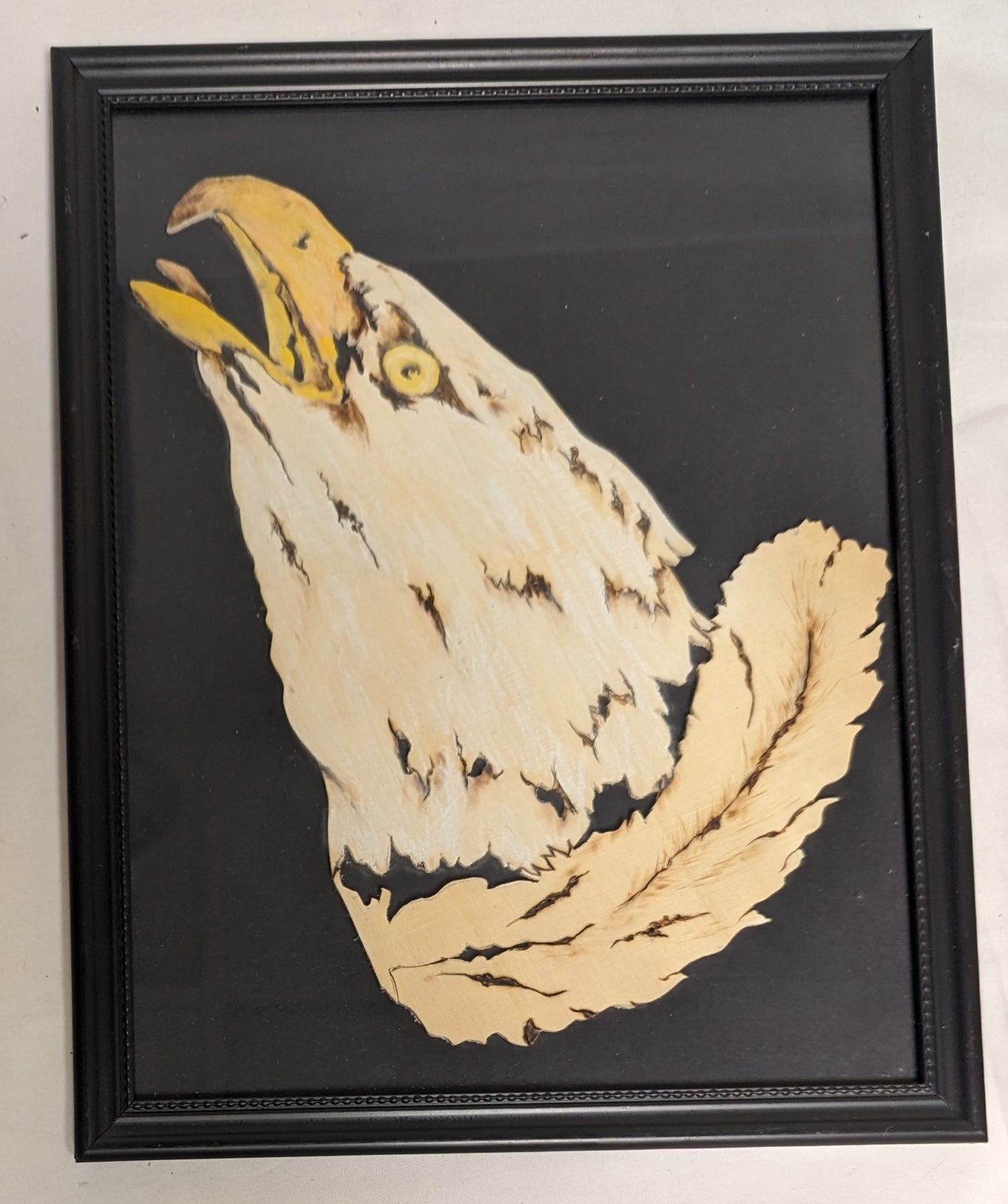 Art Vintage Hand Pyrography on Scroll cut wood " Bald Eagle Head and Feather Emblem"   Framed
