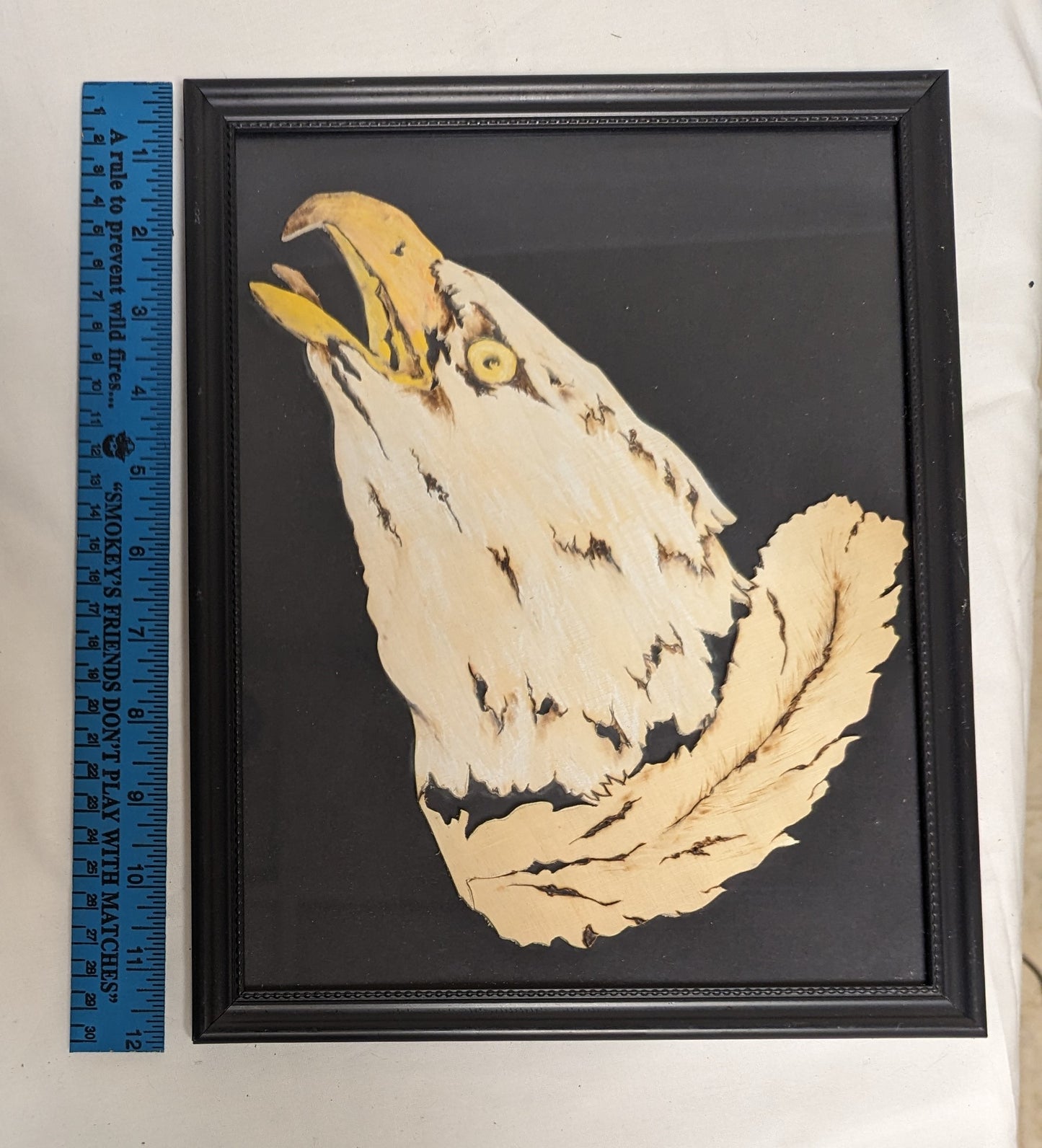 Art Vintage Hand Pyrography on Scroll cut wood " Bald Eagle Head and Feather Emblem"   Framed