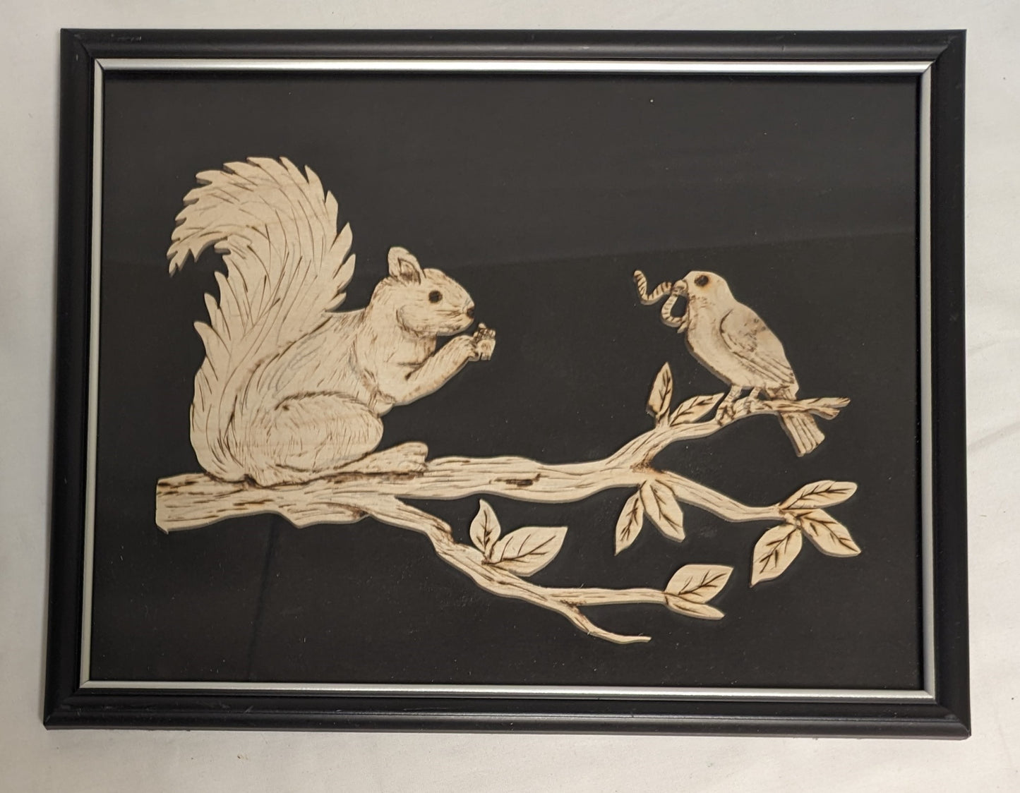 Art Vintage Hand Pyrography on Scroll cut wood " Squirrel and Bird Feeding"   Framed