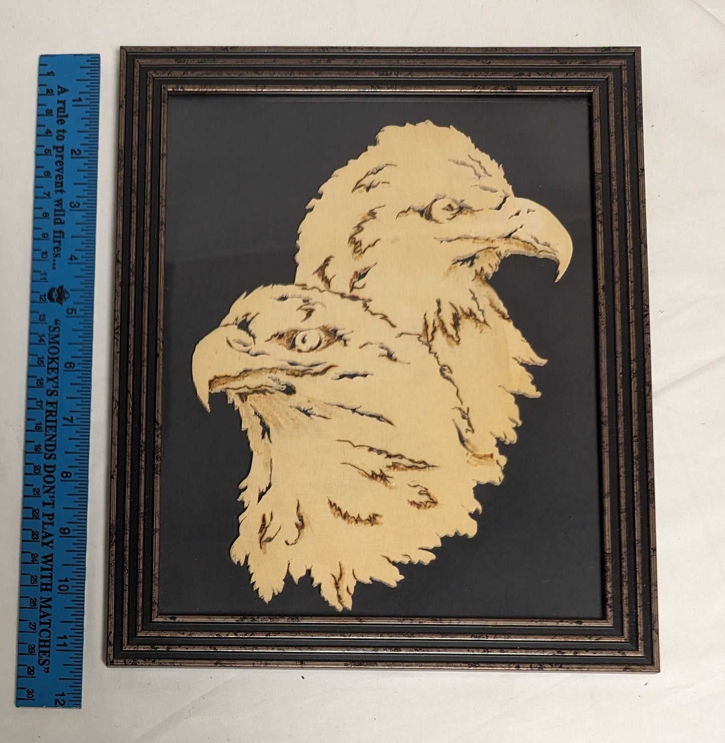 Art Vintage Hand Pyrography on Scroll cut wood " Bald Eagles"   Framed