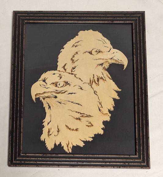 Art Vintage Hand Pyrography on Scroll cut wood " Bald Eagles"   Framed