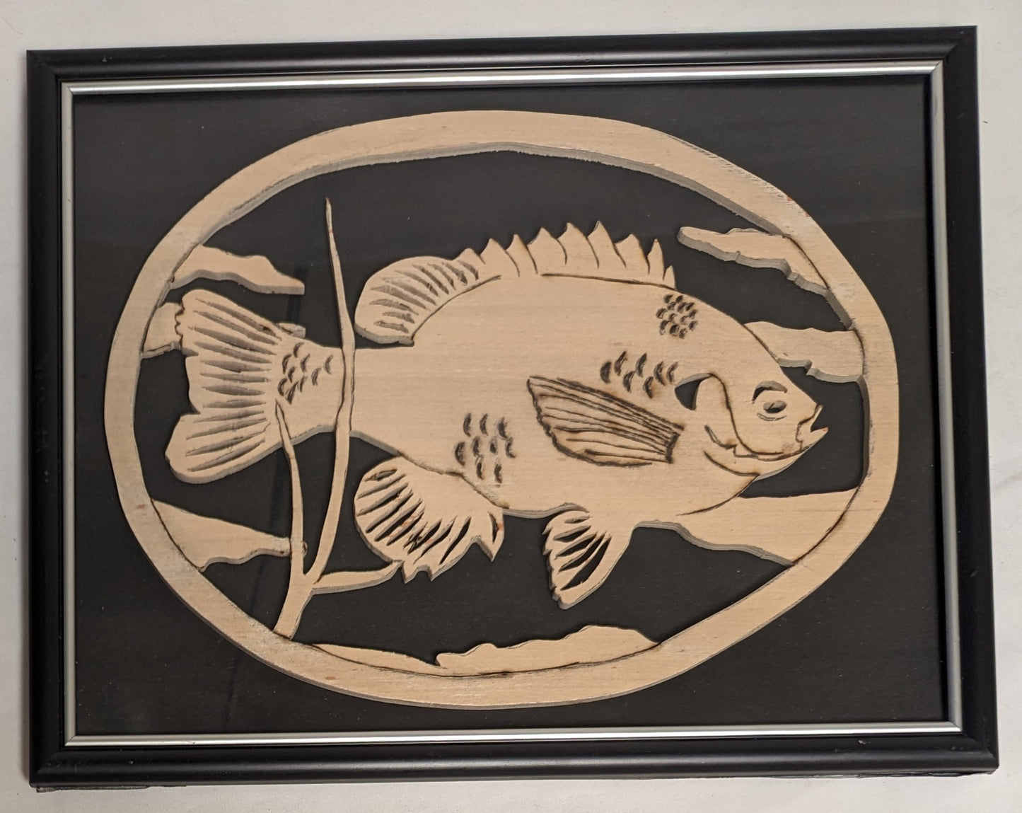 Art Vintage Hand Pyrography on Scroll cut wood " Bream"   Framed