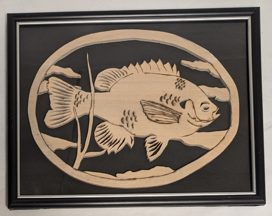 Art Vintage Hand Pyrography on Scroll cut wood " Bream"   Framed