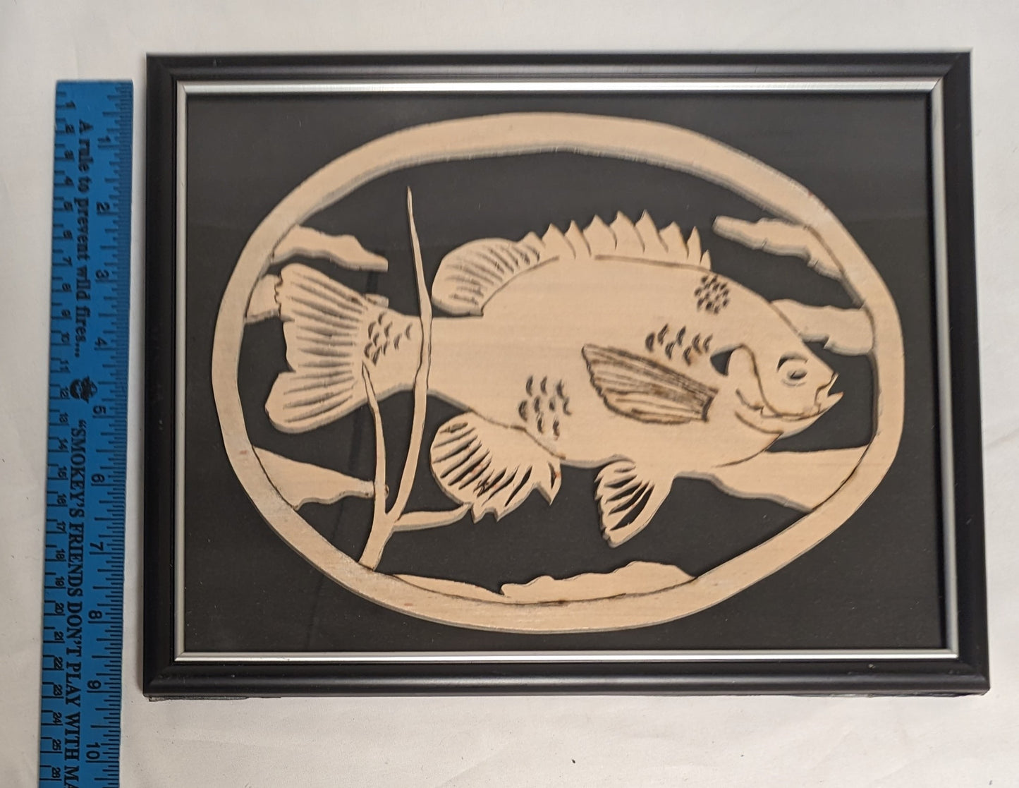 Art Vintage Hand Pyrography on Scroll cut wood " Bream"   Framed