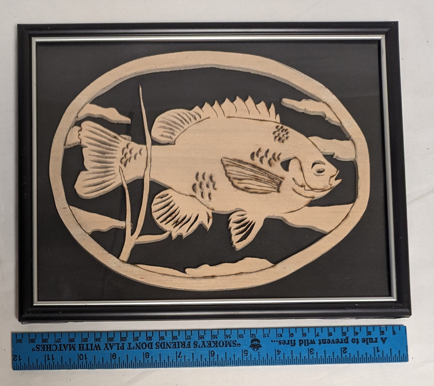 Art Vintage Hand Pyrography on Scroll cut wood " Bream"   Framed