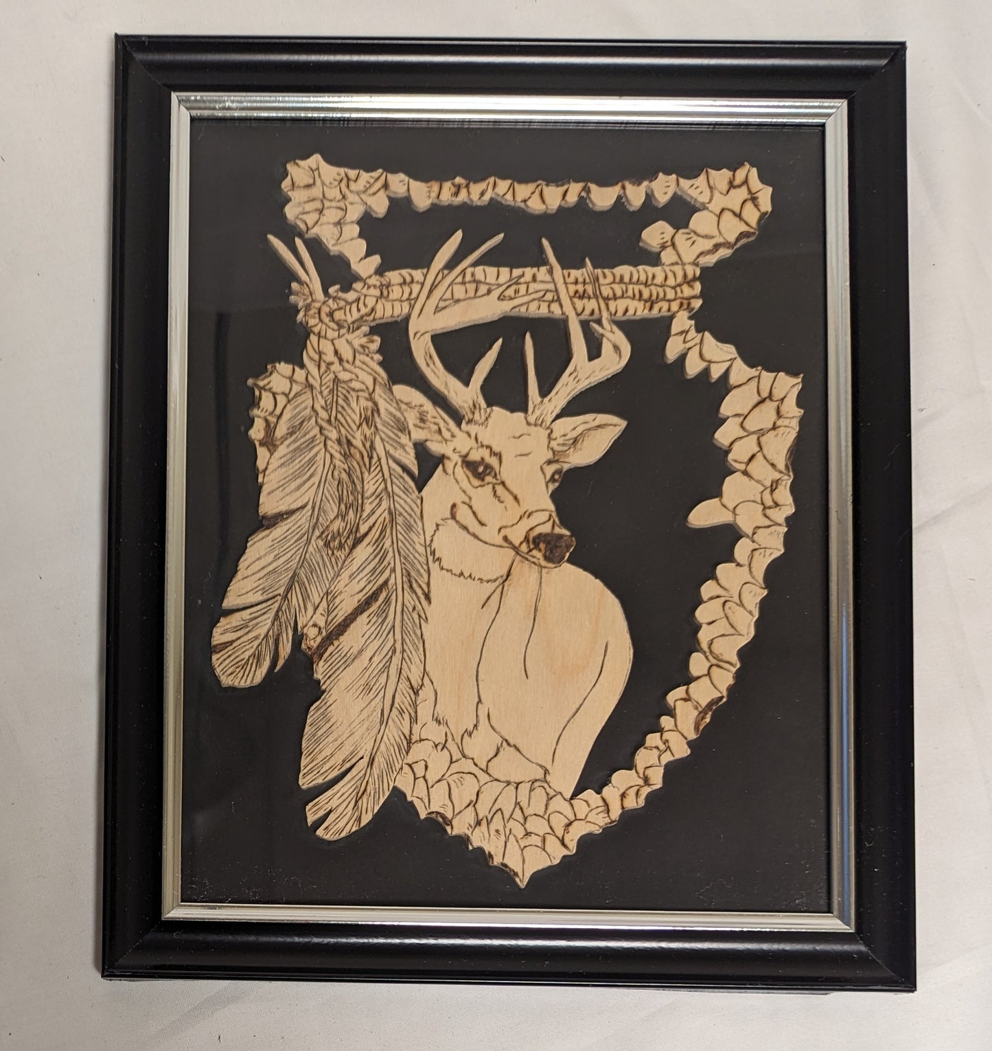 Art Vintage Hand Pyrography on Scroll cut wood " Deer Head Emblem"   Framed