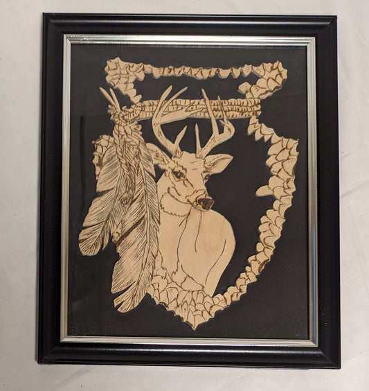 Art Vintage Hand Pyrography on Scroll cut wood " Deer Head Emblem"   Framed
