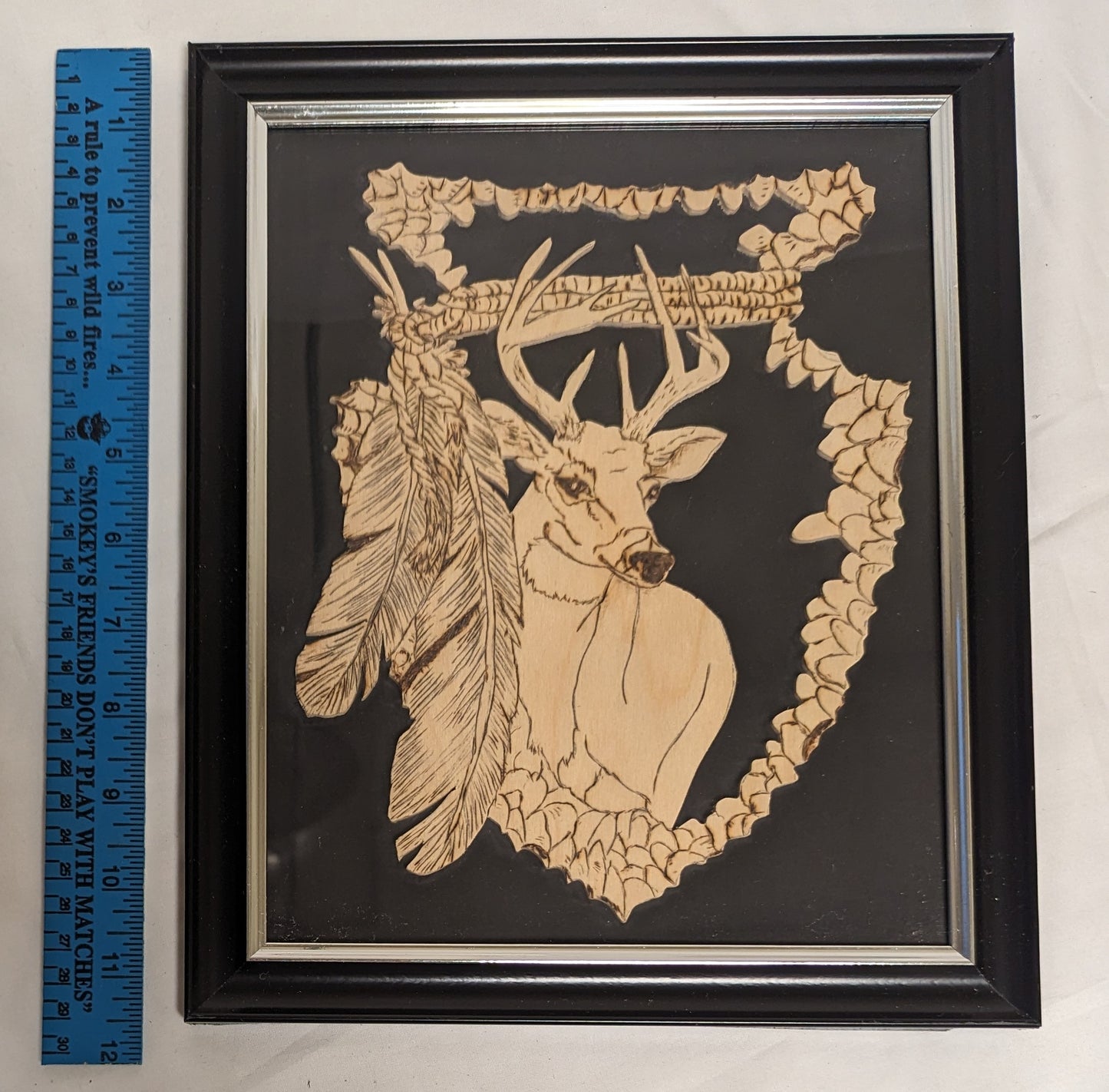 Art Vintage Hand Pyrography on Scroll cut wood " Deer Head Emblem"   Framed