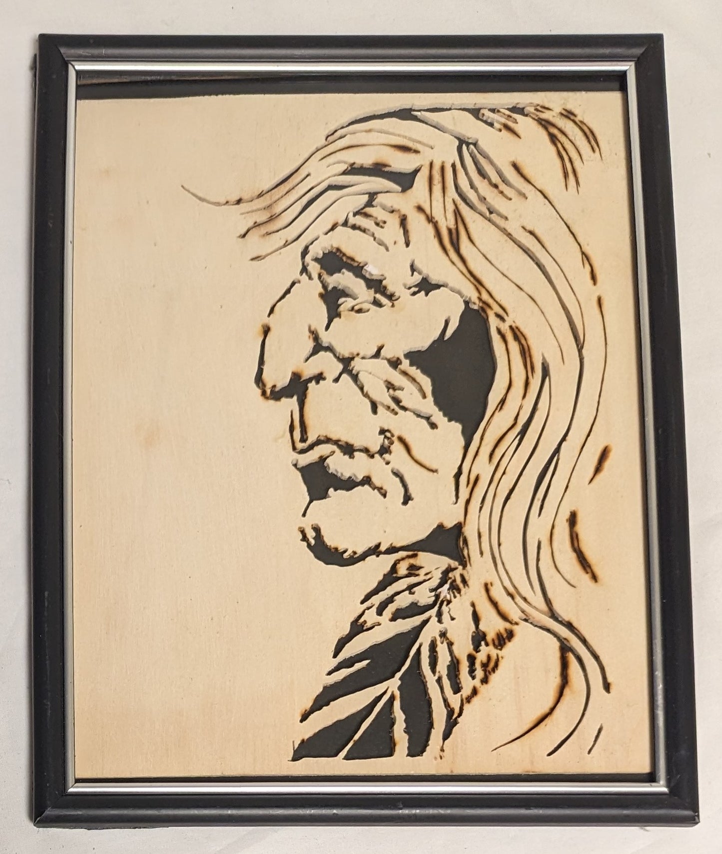 Art Vintage Hand Pyrography on Scroll cut wood " Native American Man Profile"   Framed