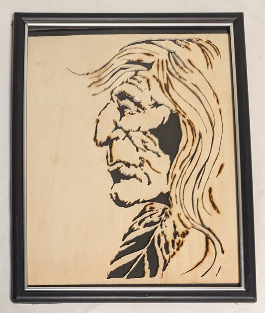 Art Vintage Hand Pyrography on Scroll cut wood " Native American Man Profile"   Framed
