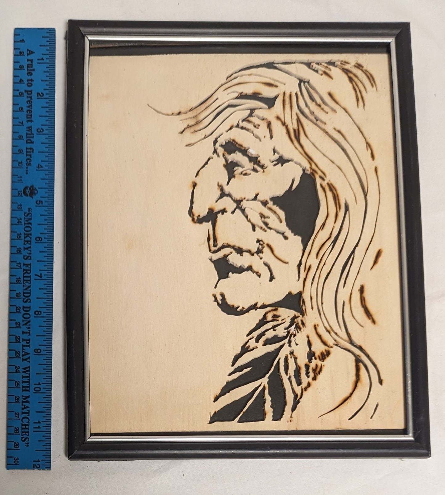 Art Vintage Hand Pyrography on Scroll cut wood " Native American Man Profile"   Framed