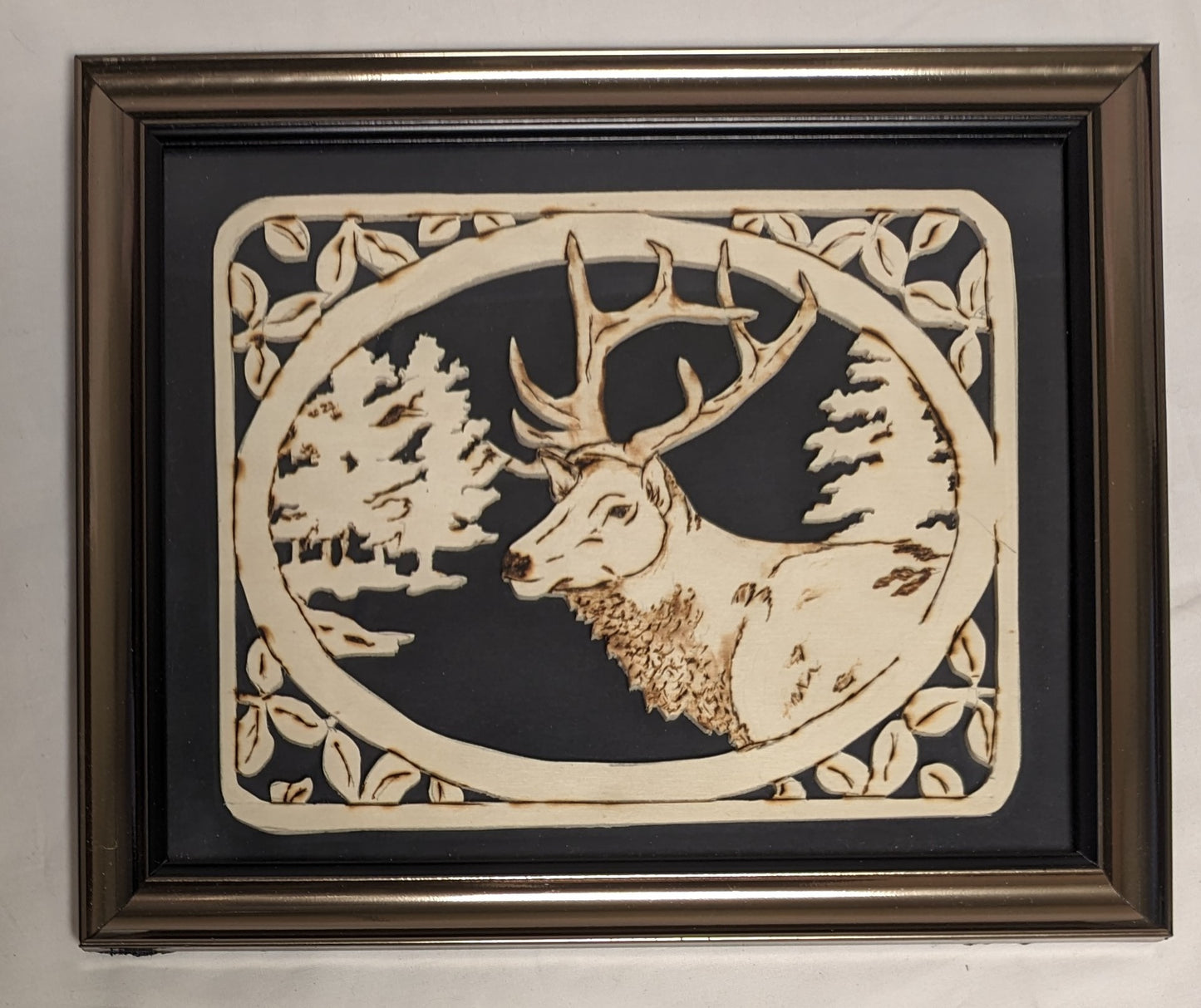 Art Vintage Hand Pyrography on Scroll cut wood " Buck Head"  Framed