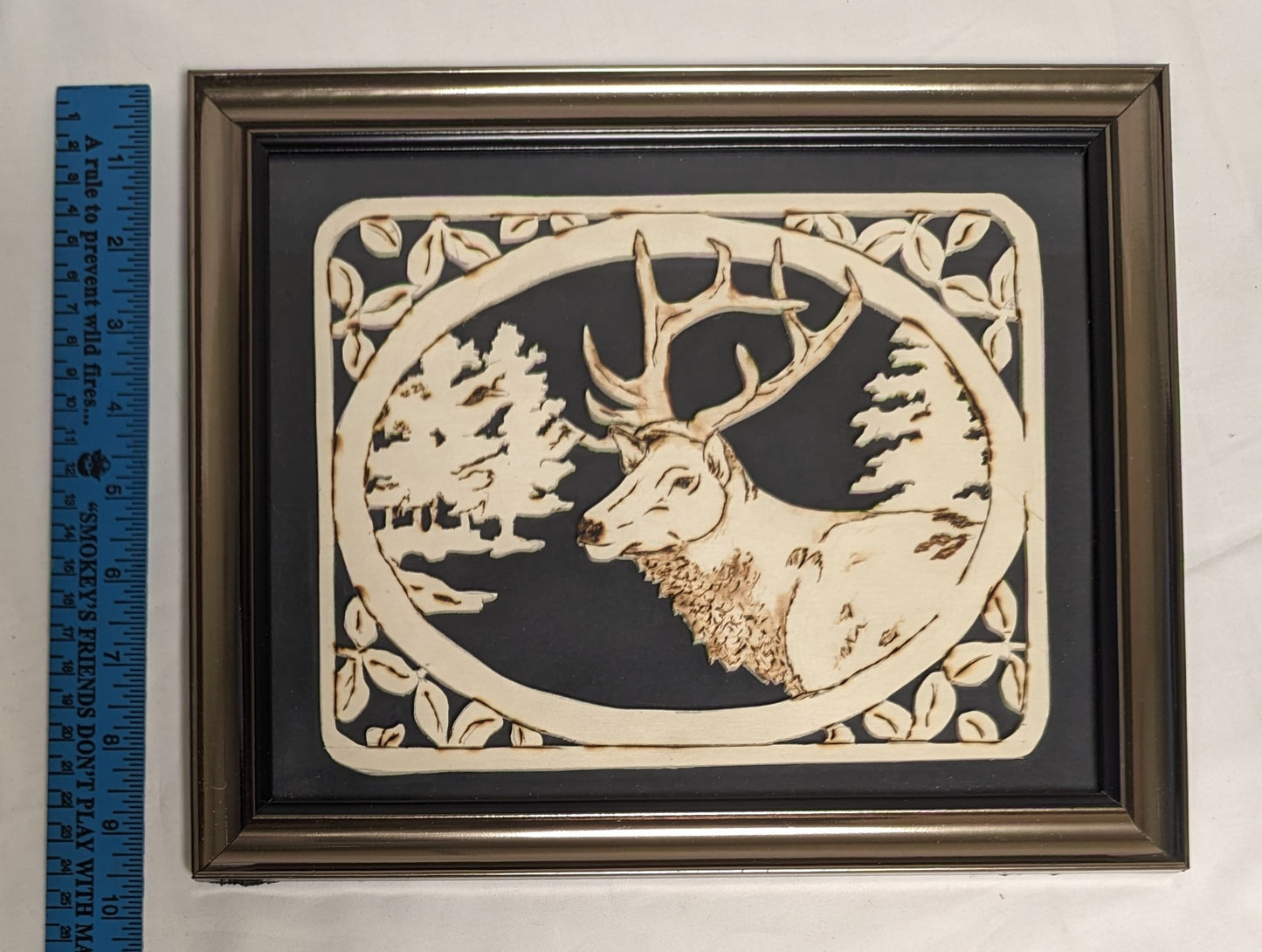 Art Vintage Hand Pyrography on Scroll cut wood " Buck Head"  Framed