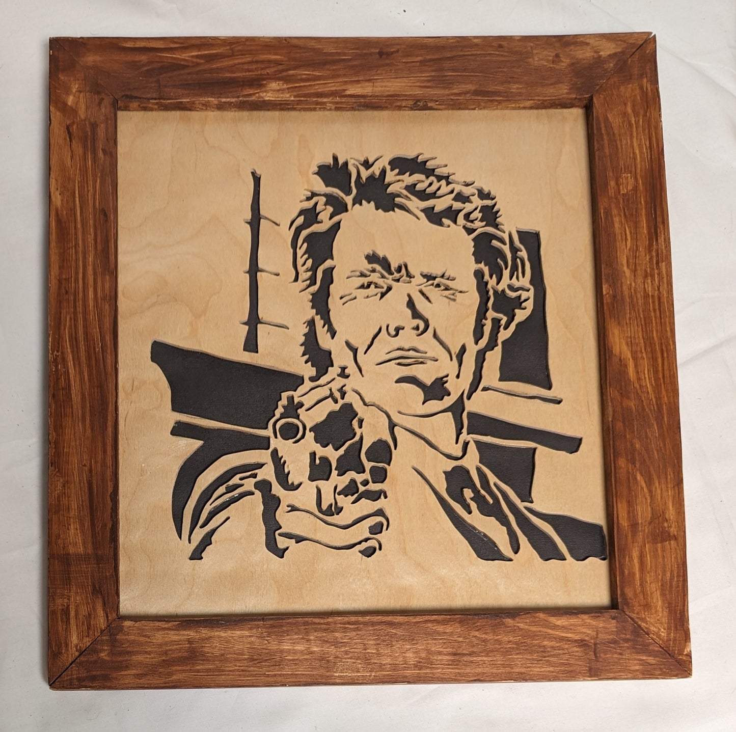 Art Vintage Hand Scroll cut wood "Dirty Harry"  Framed