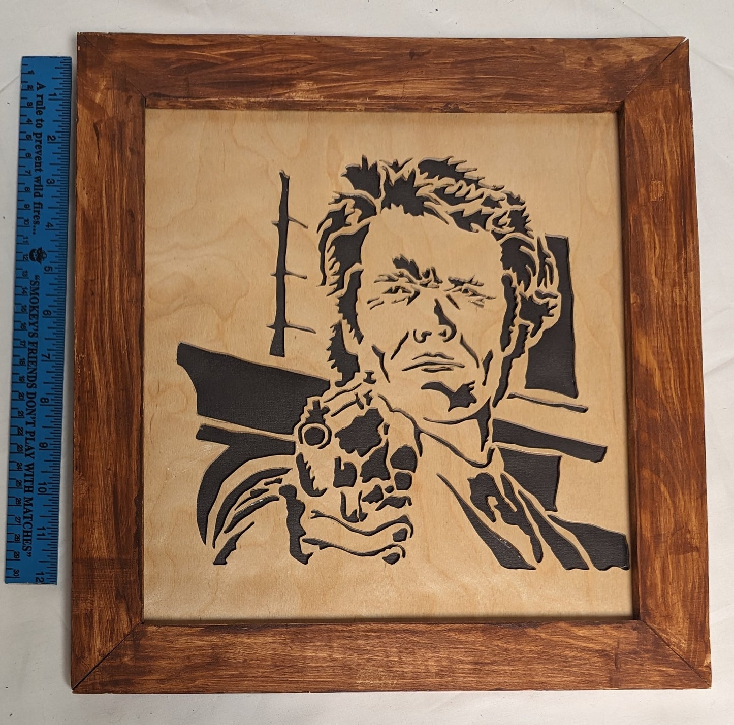 Art Vintage Hand Scroll cut wood "Dirty Harry"  Framed