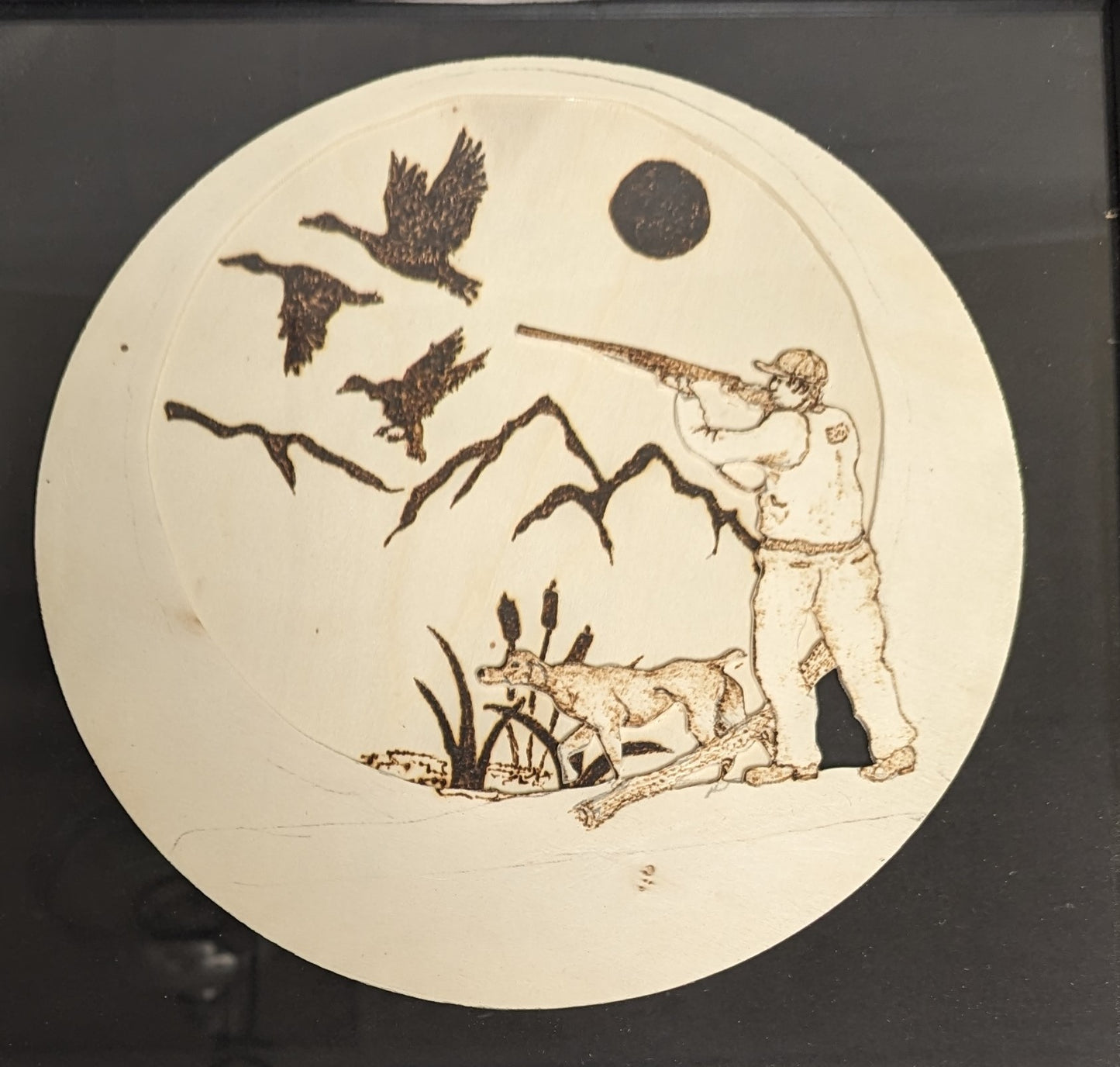 Art Vintage Hand Pyrography Scroll cut layered wood "Duck Hunting"  Framed