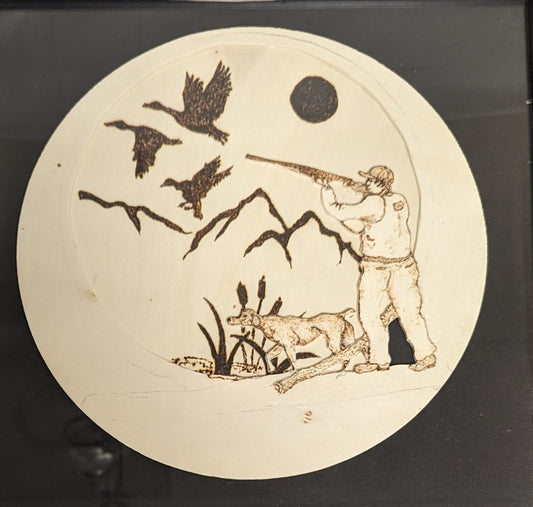 Art Vintage Hand Pyrography Scroll cut layered wood "Duck Hunting"  Framed