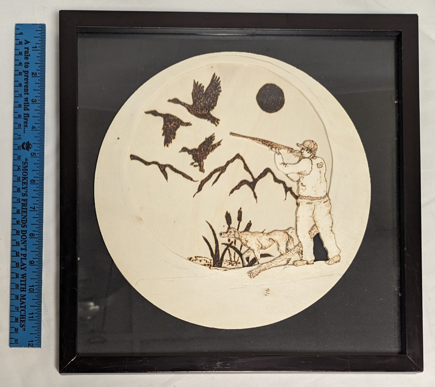 Art Vintage Hand Pyrography Scroll cut layered wood "Duck Hunting"  Framed