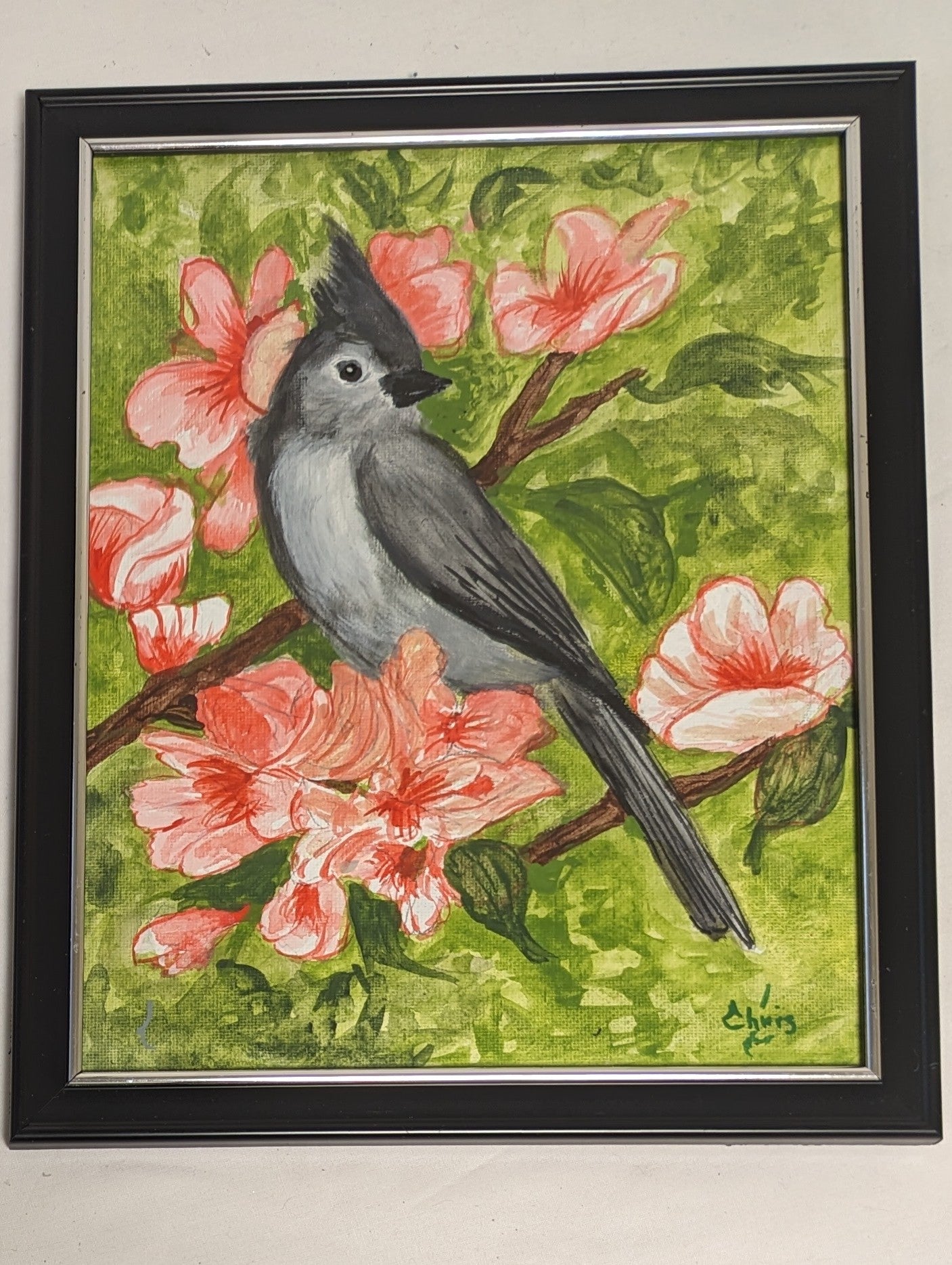 Art Hand Painted on Canvas board in frame under glass " Tufted Titmouse in Azaleas"