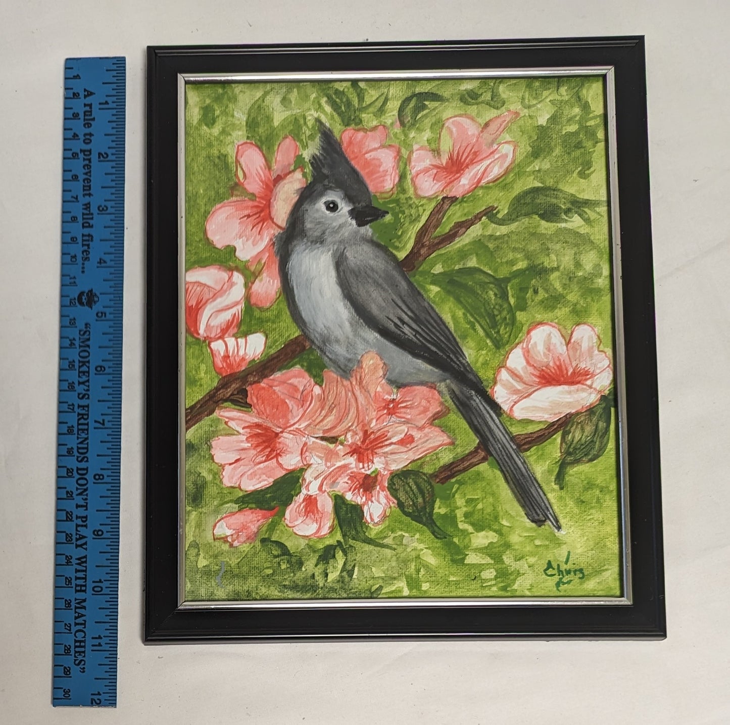 Art Hand Painted on Canvas board in frame under glass " Tufted Titmouse in Azaleas"