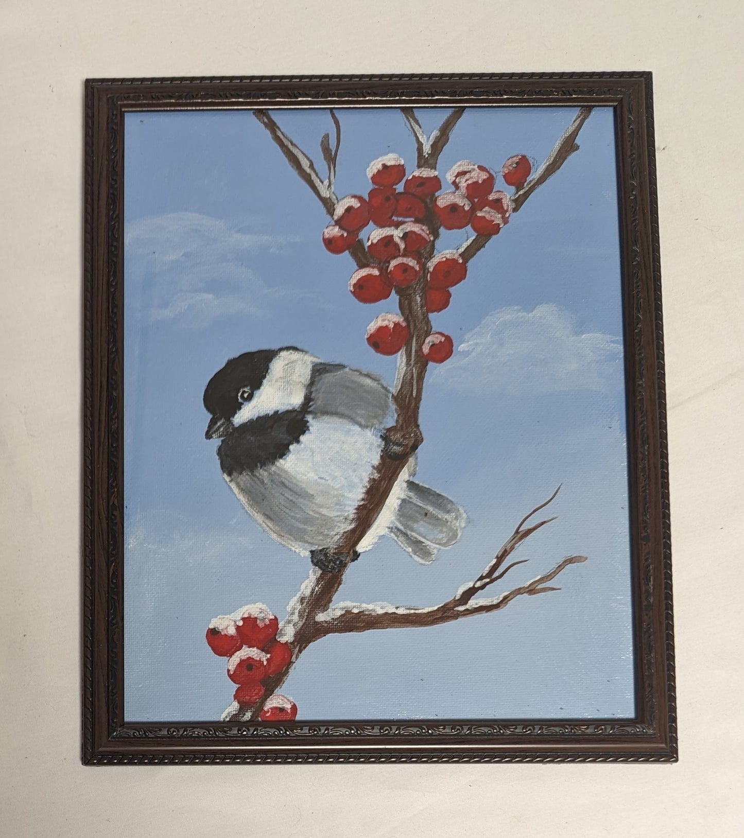 Art Hand Painted on Canvas board in frame under glass " Chickadee in Red Berries"