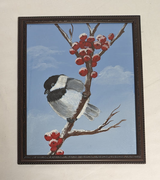 Art Hand Painted on Canvas board in frame under glass " Chickadee in Red Berries"