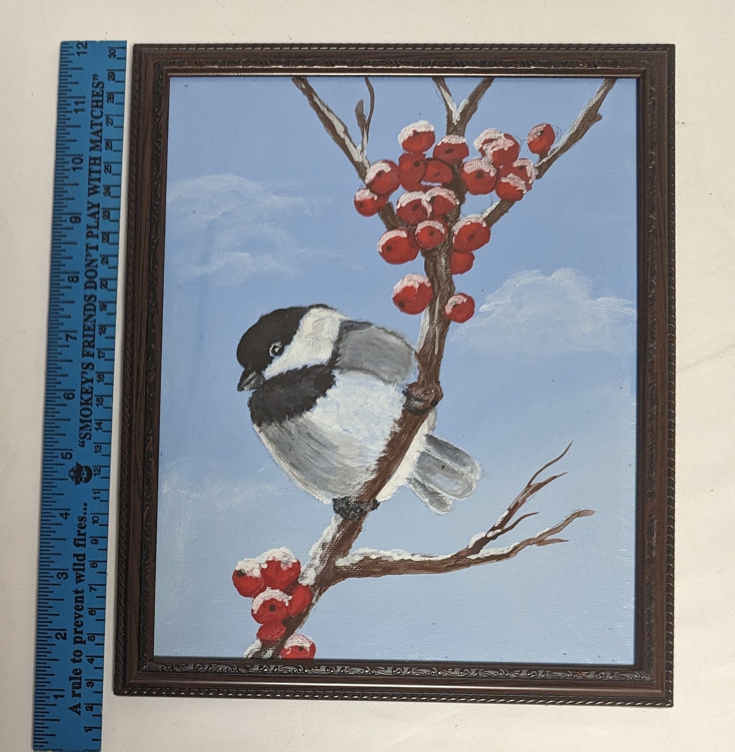 Art Hand Painted on Canvas board in frame under glass " Chickadee in Red Berries"