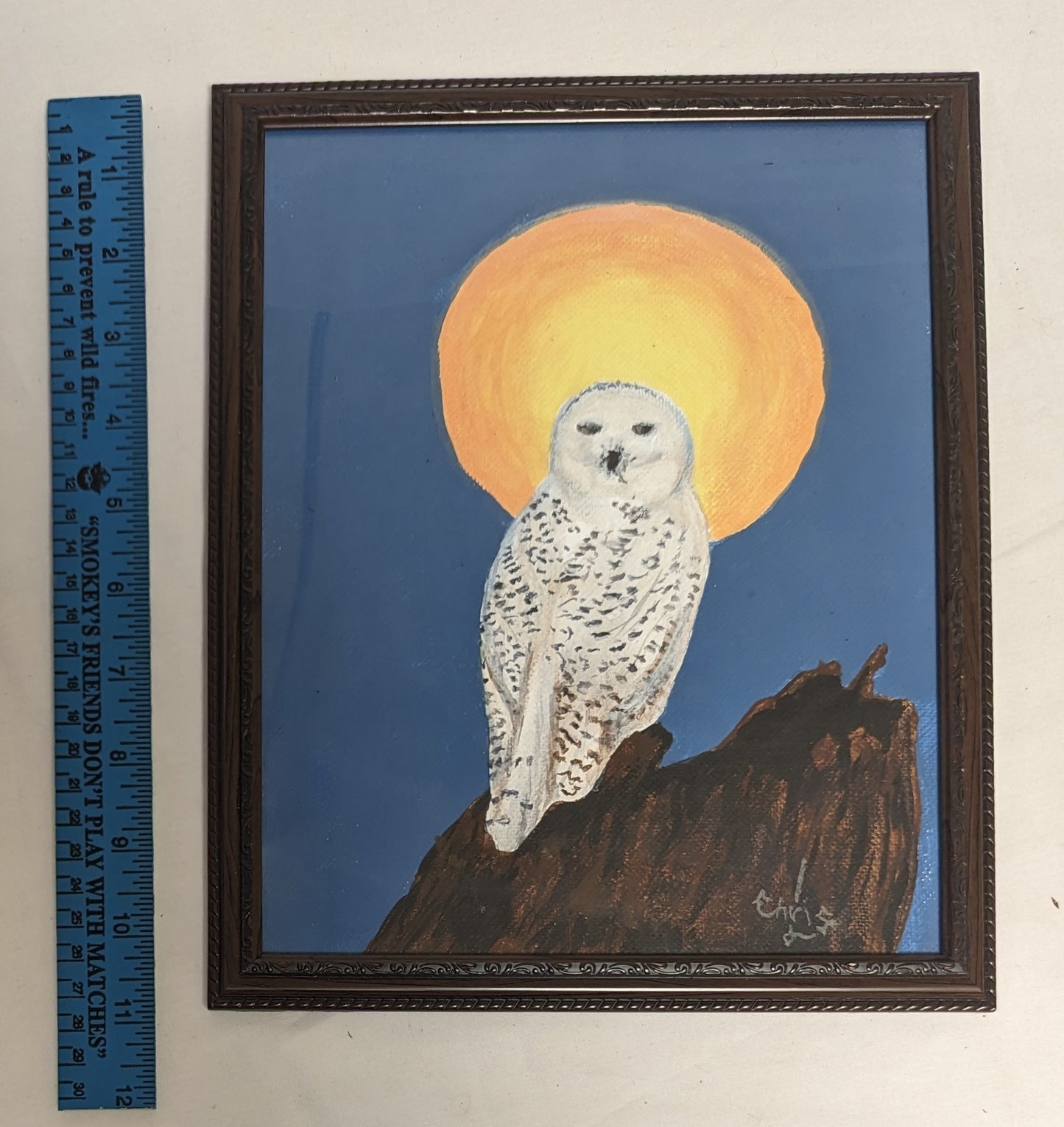Art Hand Painted on Canvas board in frame under glass " Grey Owl in Moonlight"