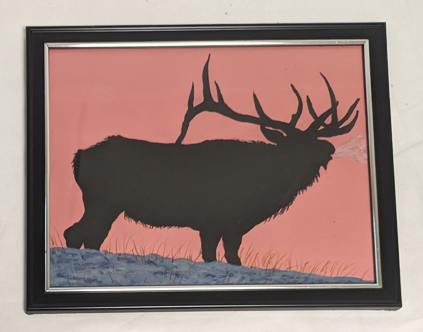 Art Hand Painted on Canvas board in frame under glass " Elk Bugles at Dusk"