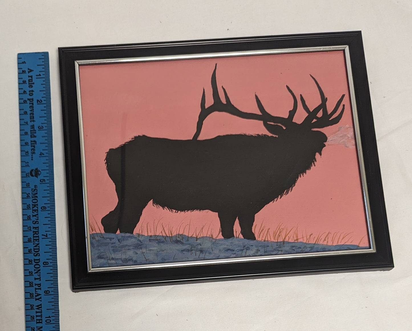 Art Hand Painted on Canvas board in frame under glass " Elk Bugles at Dusk"