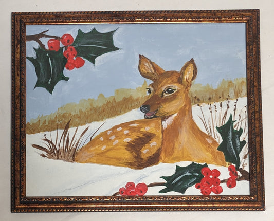 Art Hand Painted on Canvas board in frame under glass " Doe in Snow"