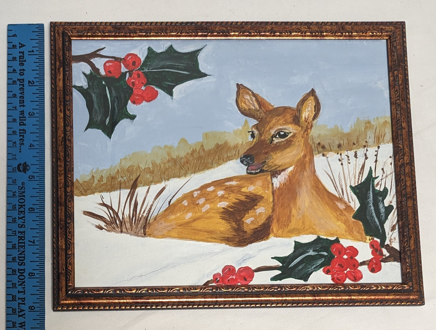 Art Hand Painted on Canvas board in frame under glass " Doe in Snow"