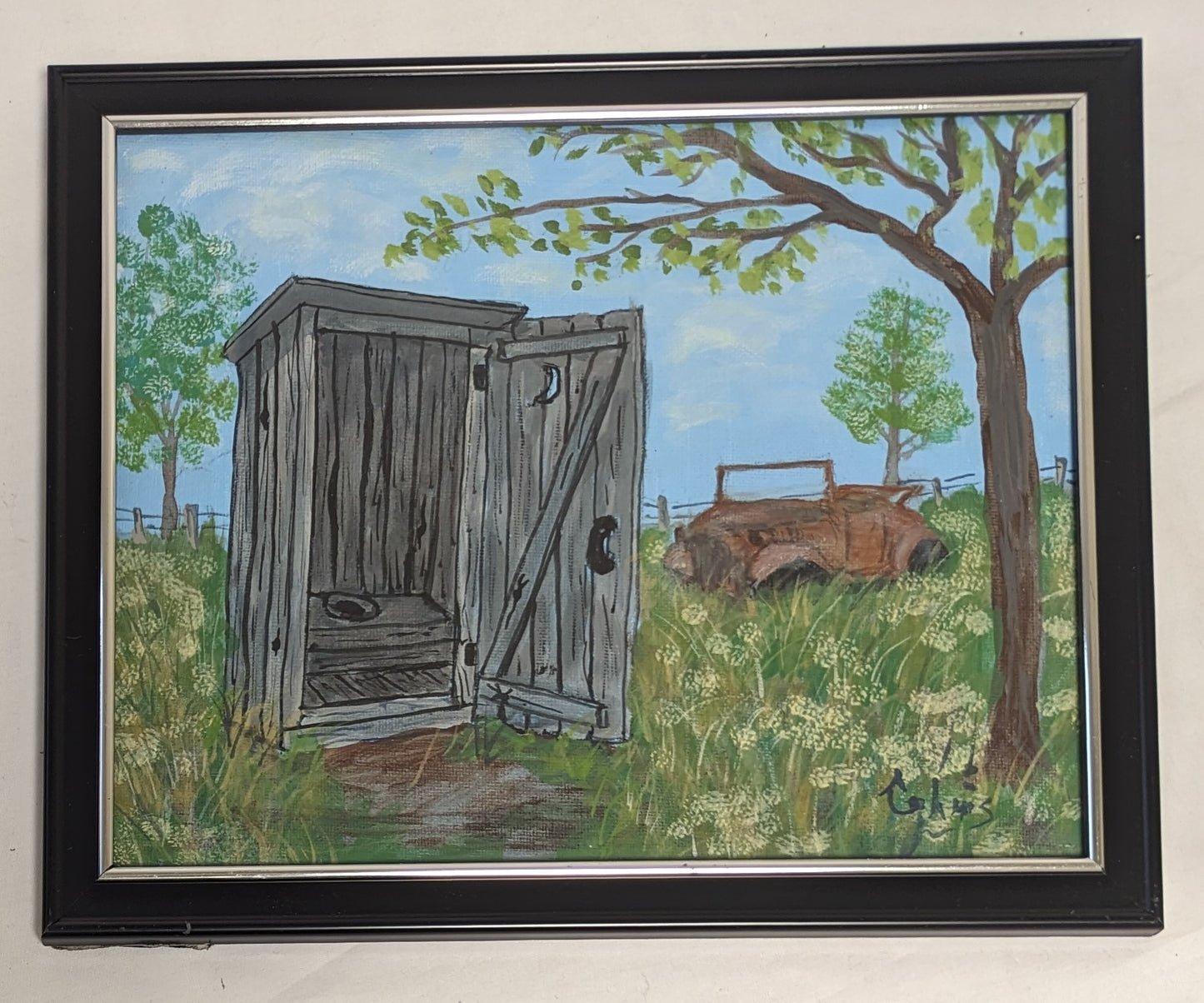 Art Hand Painted on Canvas board in frame under glass " Outhouse and Junk Car"