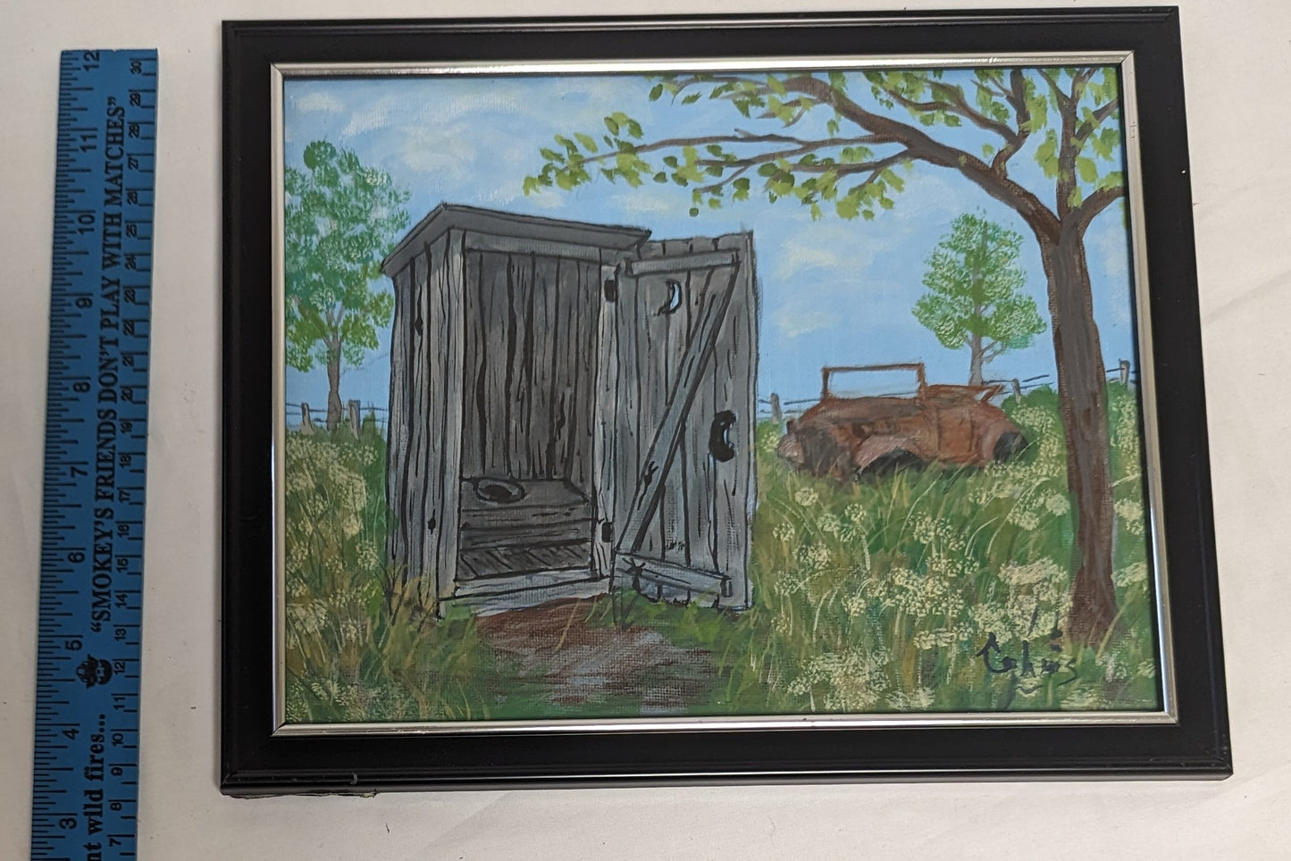 Art Hand Painted on Canvas board in frame under glass " Outhouse and Junk Car"