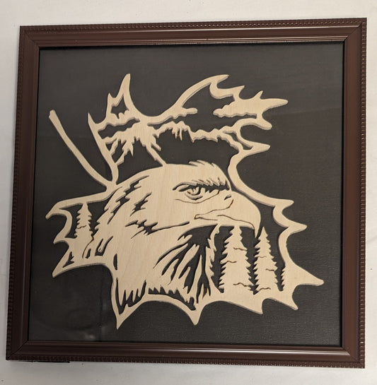 Art Hand Scroll Sawn A"Eagle on Maple Leaf Emblem" in frame under glass
