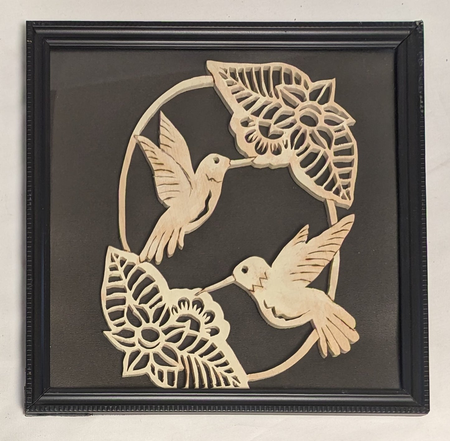 Art Hand Scroll Sawn Delicate Vintage "Hummingbirds in Flowers" in frame under glass