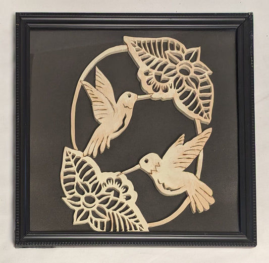 Art Hand Scroll Sawn Delicate Vintage "Hummingbirds in Flowers" in frame under glass