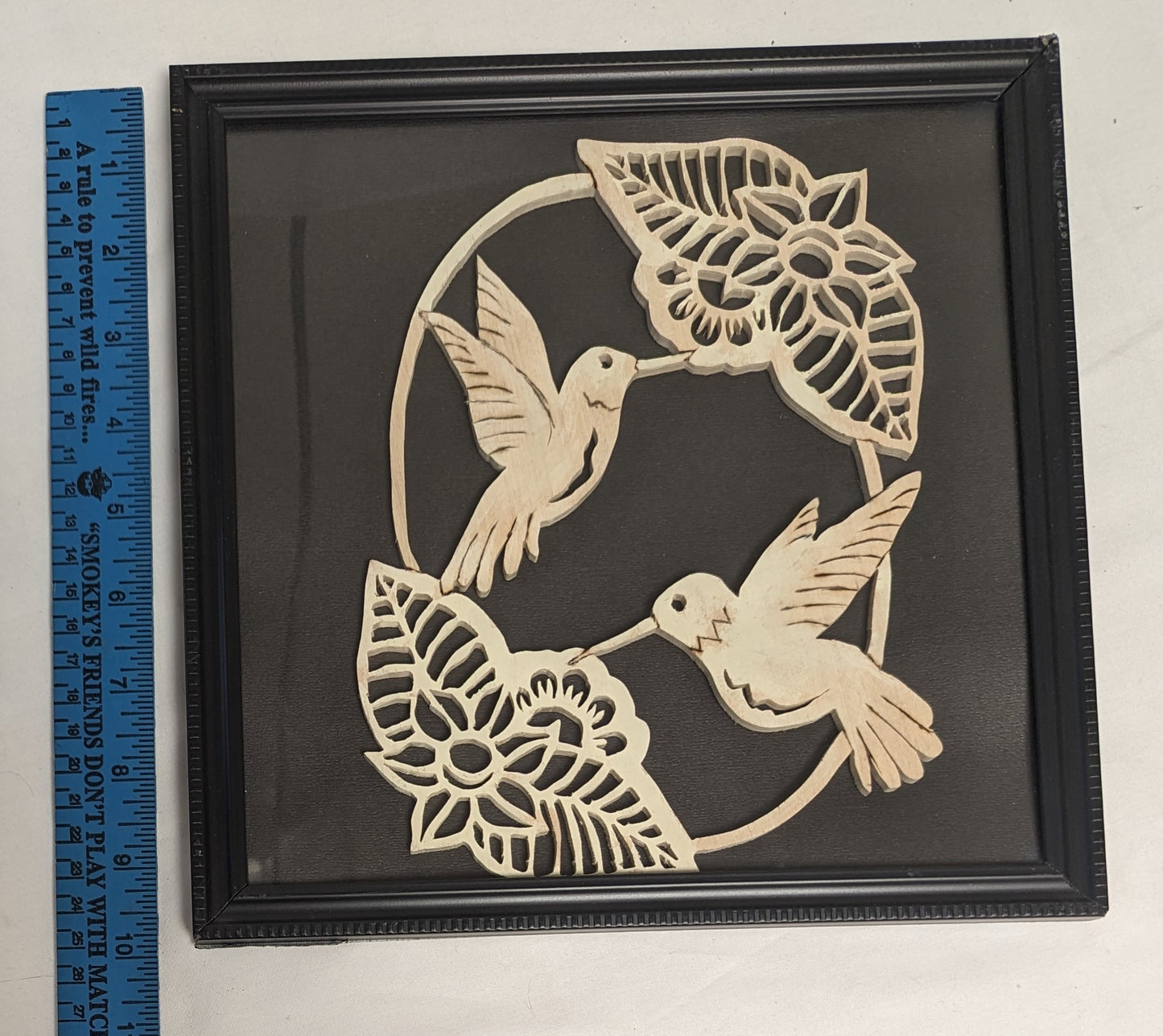 Art Hand Scroll Sawn Delicate Vintage "Hummingbirds in Flowers" in frame under glass