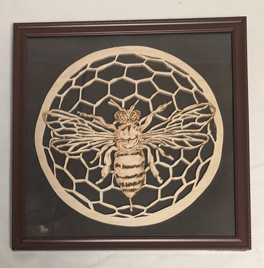 Art Hand Scroll Sawn Delicate "Bee on Comb" Emblem in frame under glass