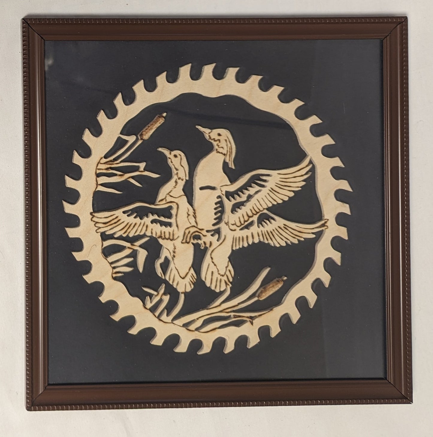 Art Hand Scroll Sawn Delicate "Ducks in Flight" Sawblade Emblem" in frame under glass