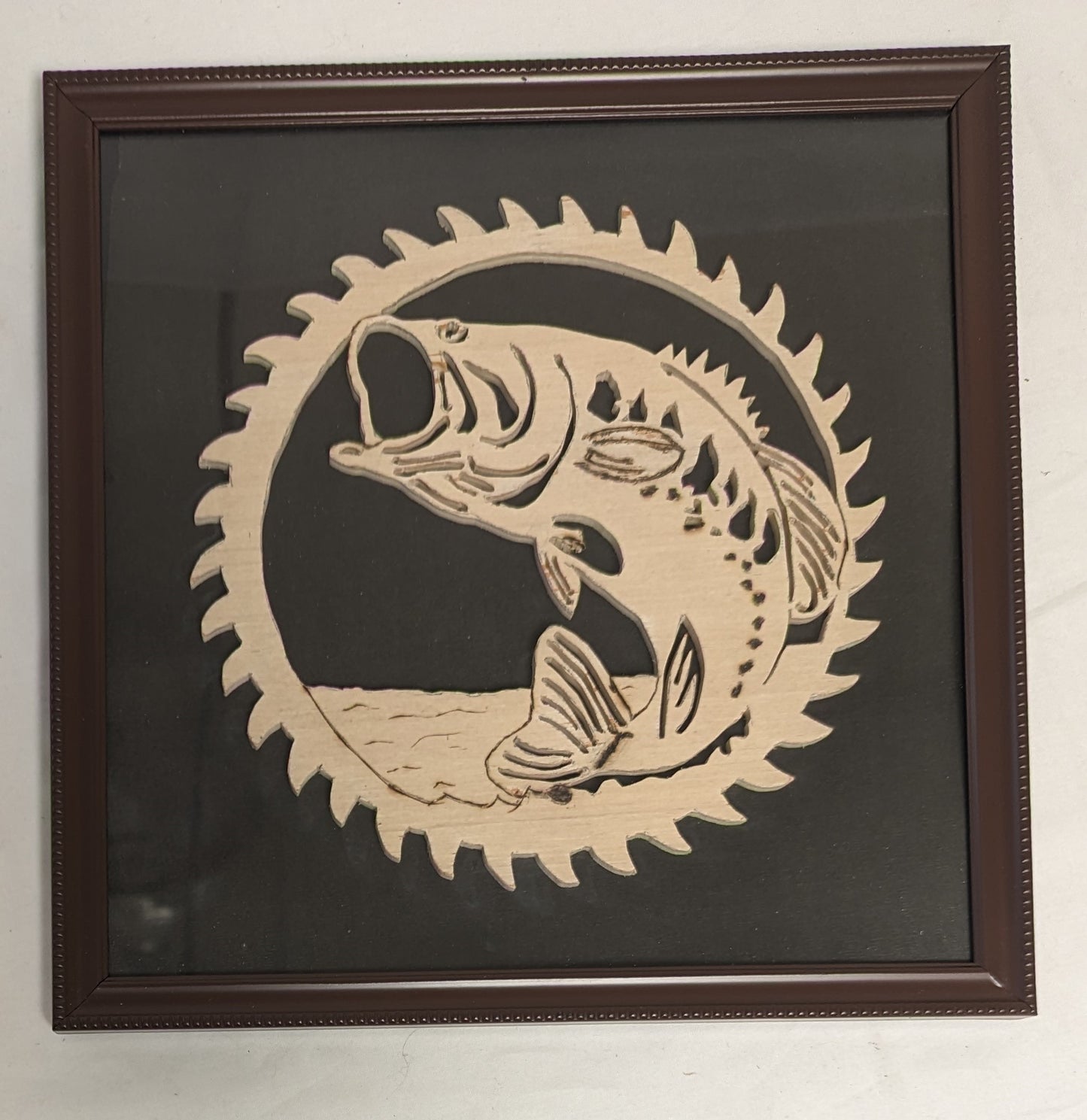 Art Hand Scroll Sawn Delicate "Large Mouth Bass" Sawblade Emblem" in frame under glass
