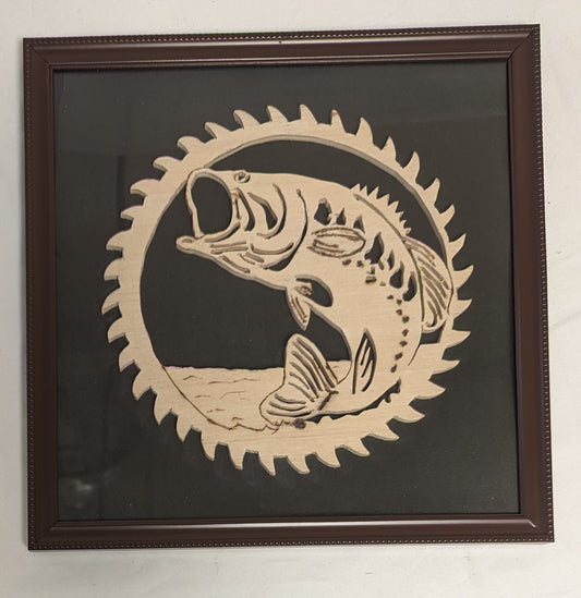 Art Hand Scroll Sawn Delicate "Large Mouth Bass" Sawblade Emblem" in frame under glass