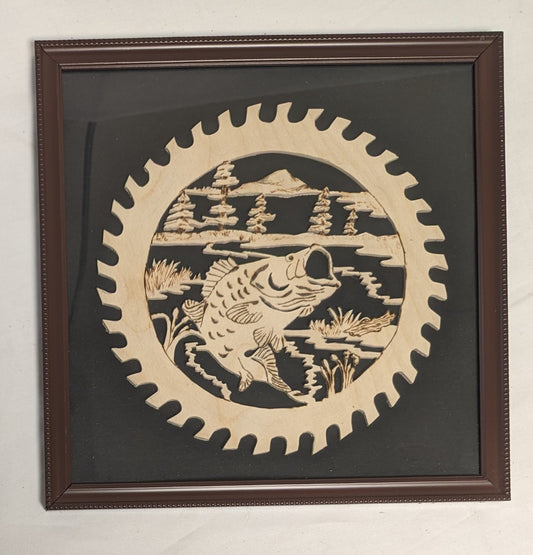 Art Hand Scroll Sawn Delicate "Large Mouth Bass" Sawblade Emblem" in frame under glass