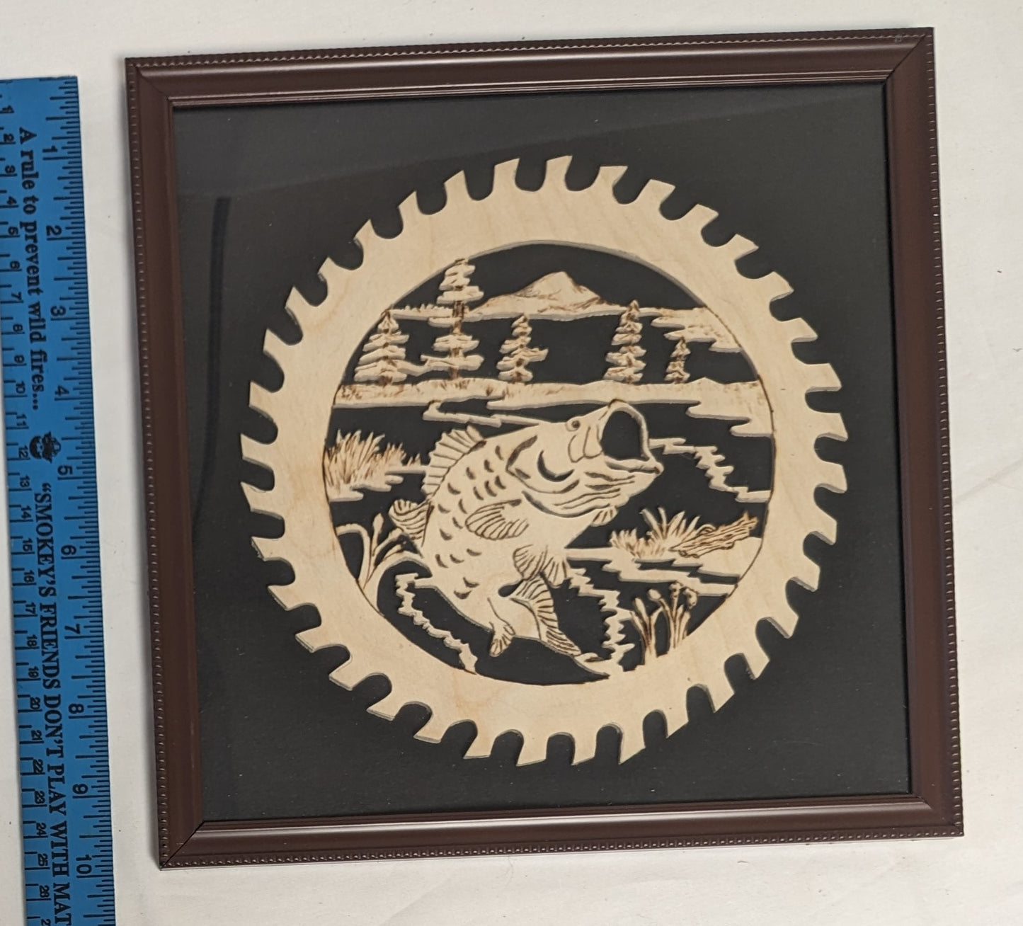 Art Hand Scroll Sawn Delicate "Large Mouth Bass" Sawblade Emblem" in frame under glass