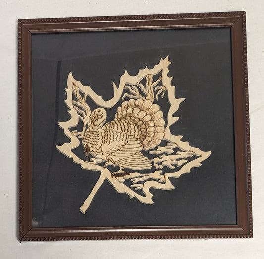 Art Hand Scroll Sawn Delicate "Wild Turkey " Mapleleaf Emblem" in frame under glass