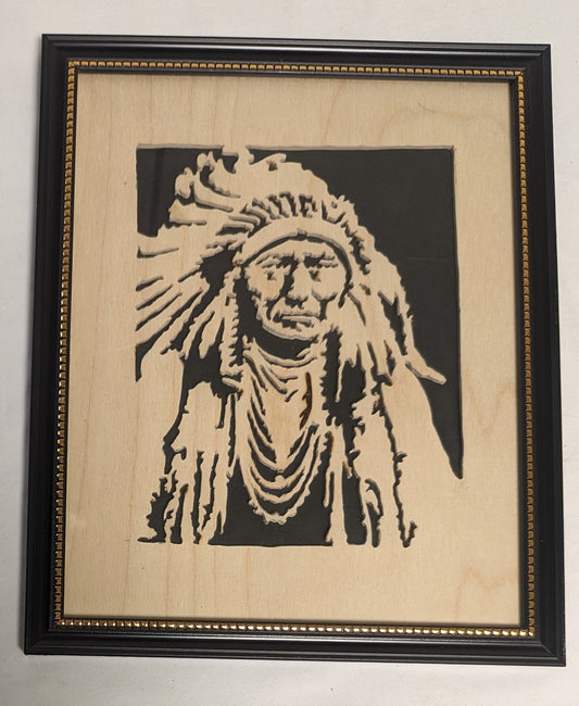 Art Hand Scroll Sawn Cut Out " Cheif Joseph" Portait in frame under glass Credited and Autographed