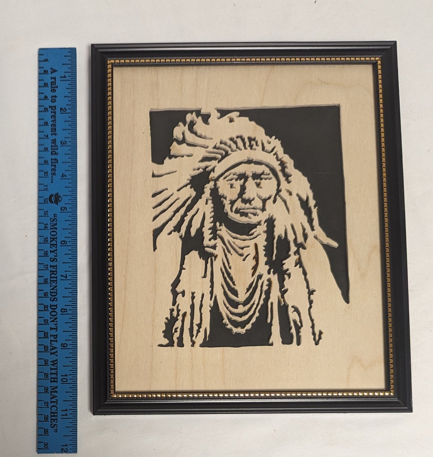 Art Hand Scroll Sawn Cut Out " Cheif Joseph" Portait in frame under glass Credited and Autographed